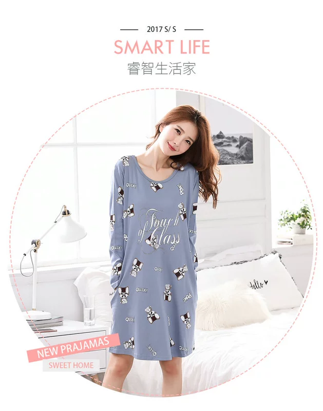 Váy ngủ mùa thu cotton dài tay nữ phiên bản Hàn Quốc của bộ đồ ngủ dài bằng vải cotton dễ thương đồ ngủ xuyên thấu