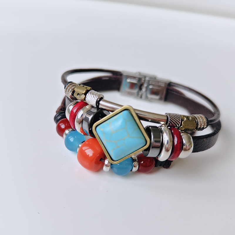 Ethnic Style Leather Retro Classic Braided Bracelet Mongolian Pendant Exotic Style Bracelet Multi-Layered Colorful Bracelet
