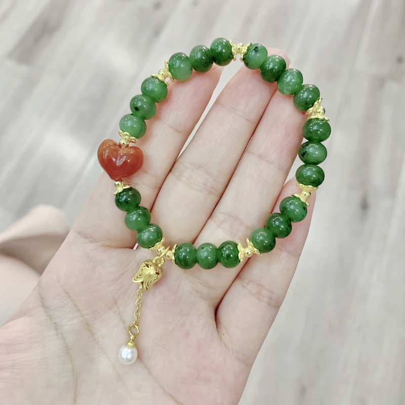 Natural Hetian Jade Jasper Plate Beads with Red Agate Butt Peach Heart Single Circle Bracelet Spinach Green Jasper Bracelet Natural Hetian Jade Jasper Plate Beads with Red Agate Butt Peach Heart Single Circle Bracelet Spinach Green Jasper Bracelet