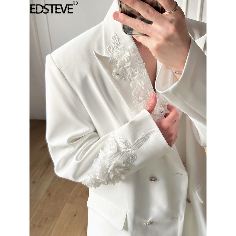 Edsteve | Designed with Stylish Shoulder Pads, the Suit Has a High-End Feel, a Light Luxury Style, and Features Three-Dimensional Embroidered Floral Details. a Niche Outerwear Piece.