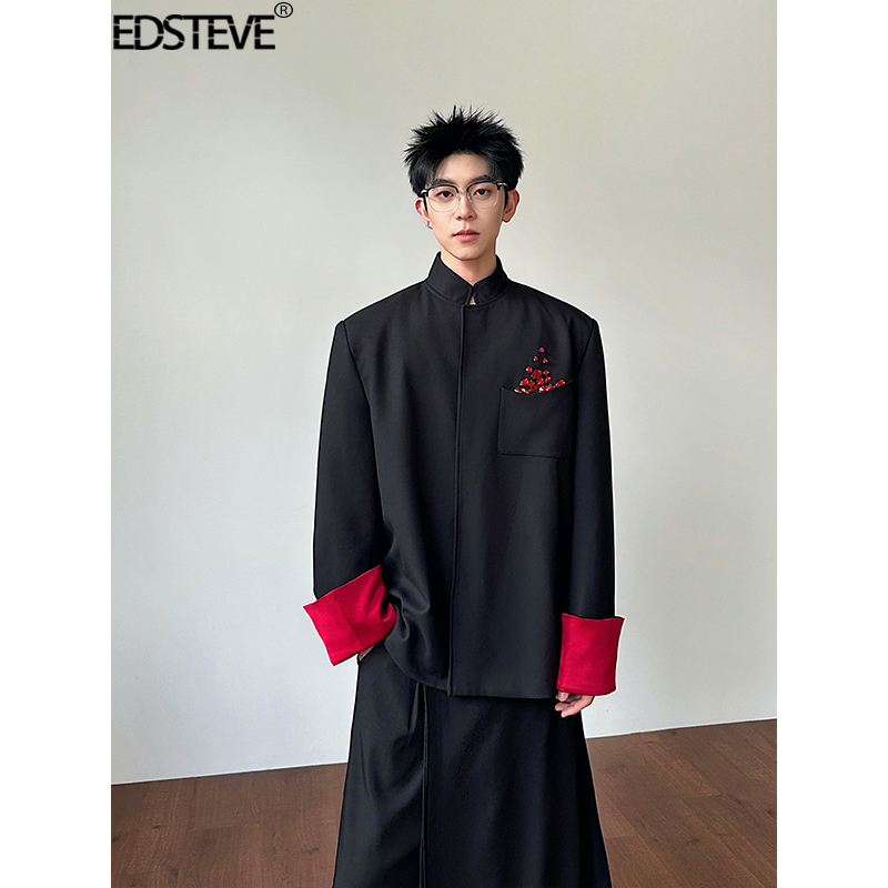 Edsteve | New Chinese-Style Stand-Collar Suit with National Aesthetic, Red Sleeve Cuff Design, Unique and Stylish Jacket.