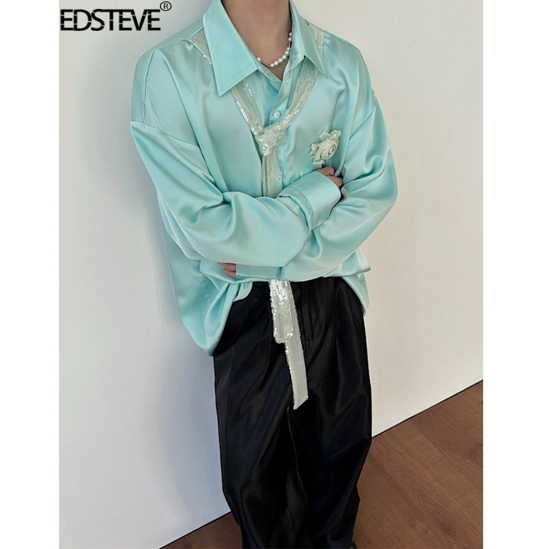 Edsteve | Designed Acetate Silky Shirt with Rose Flower, Light Luxury Dress, High-End Niche Ribbon Top