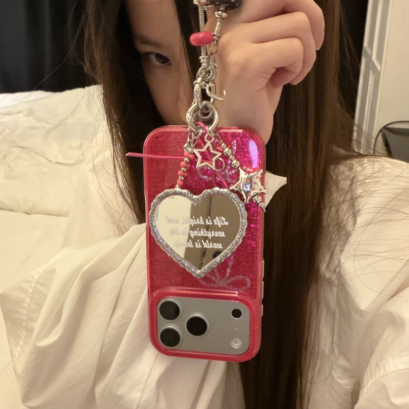 Korean-Style Ins Same Style Rose Red Sparkling Bow Heart Mirror Stand Cute Pandora Chain Suitable for 18 Pro Max Phone Case 17 Pro Max for Women 16 Pro Korean 15 Pro Max Niche 17