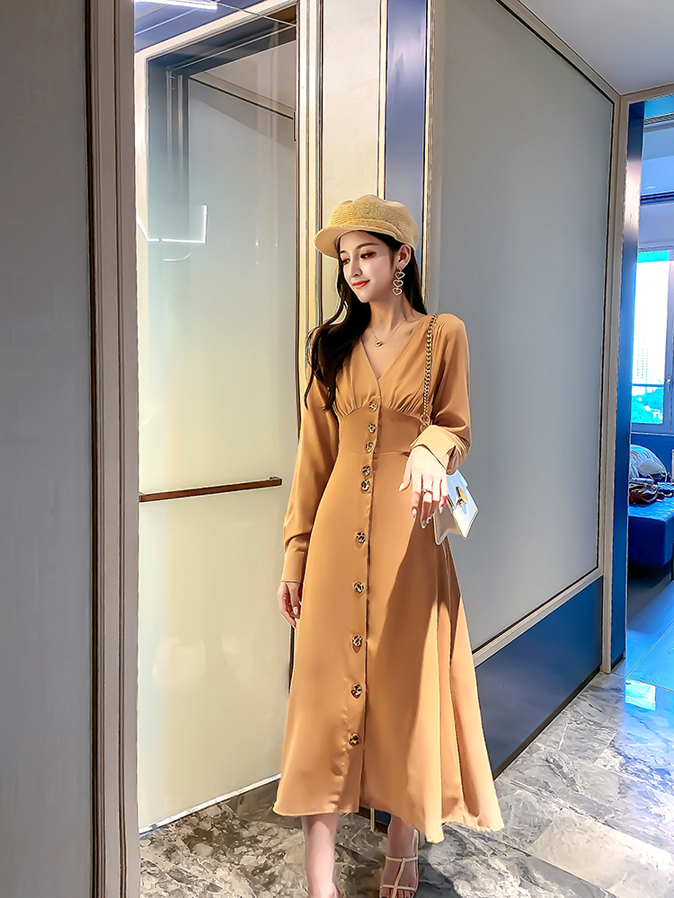 VK旗艦店 韓系時尚V領氣質單排釦長版收腰長袖洋裝