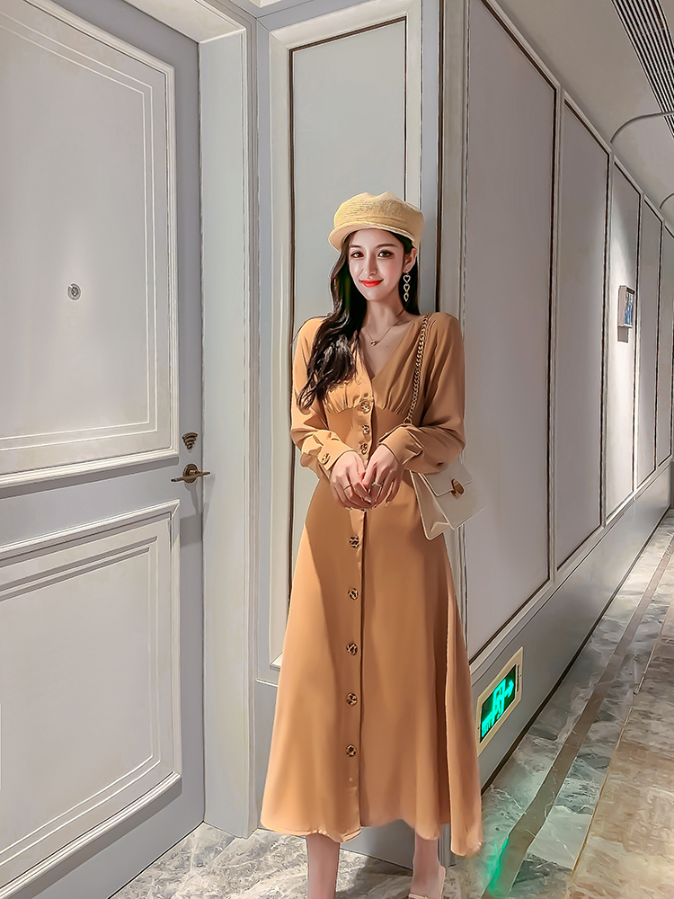 VK旗艦店 韓系時尚V領氣質單排釦長版收腰長袖洋裝