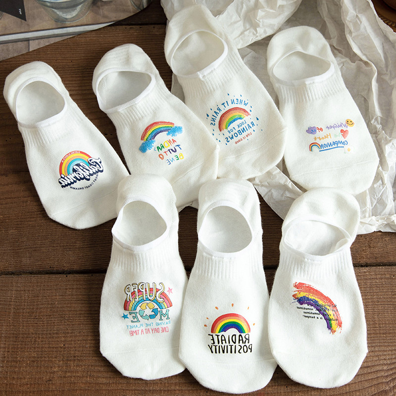 White Socks Children Short Socks Shallow Mouth Summer Thin pure cotton ins Chains anti-slip anti-fall with invisible boat socks Women's spring and autumn