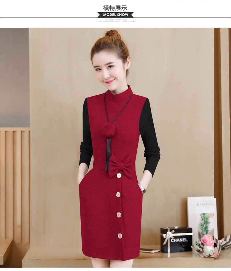 2018 mới của Hàn Quốc phiên bản của đầu mùa thu mùa đông dài tay cơ sở đan len một từ ăn mặc nhỏ phụ nữ ngắn váy chữ a công sở