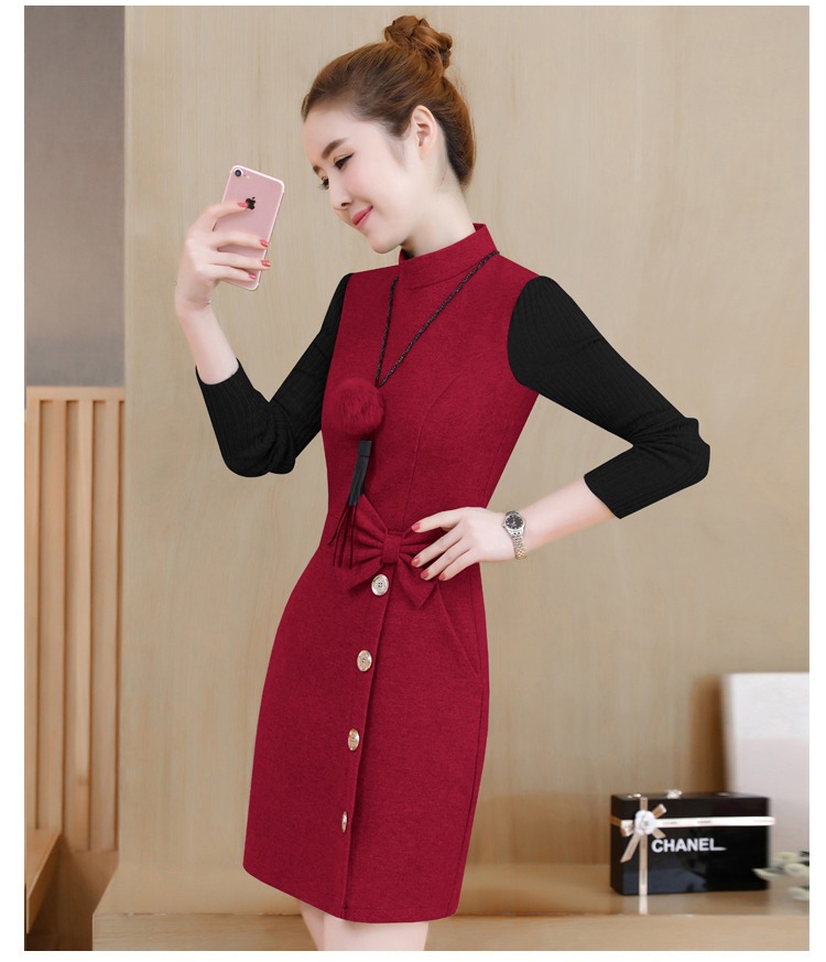 2018 mới của Hàn Quốc phiên bản của đầu mùa thu mùa đông dài tay cơ sở đan len một từ ăn mặc nhỏ phụ nữ ngắn váy chữ a công sở