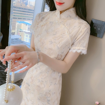 taobao agent Summer shiffon cheongsam, elegant dress, floral print, high-quality style, 2023 collection