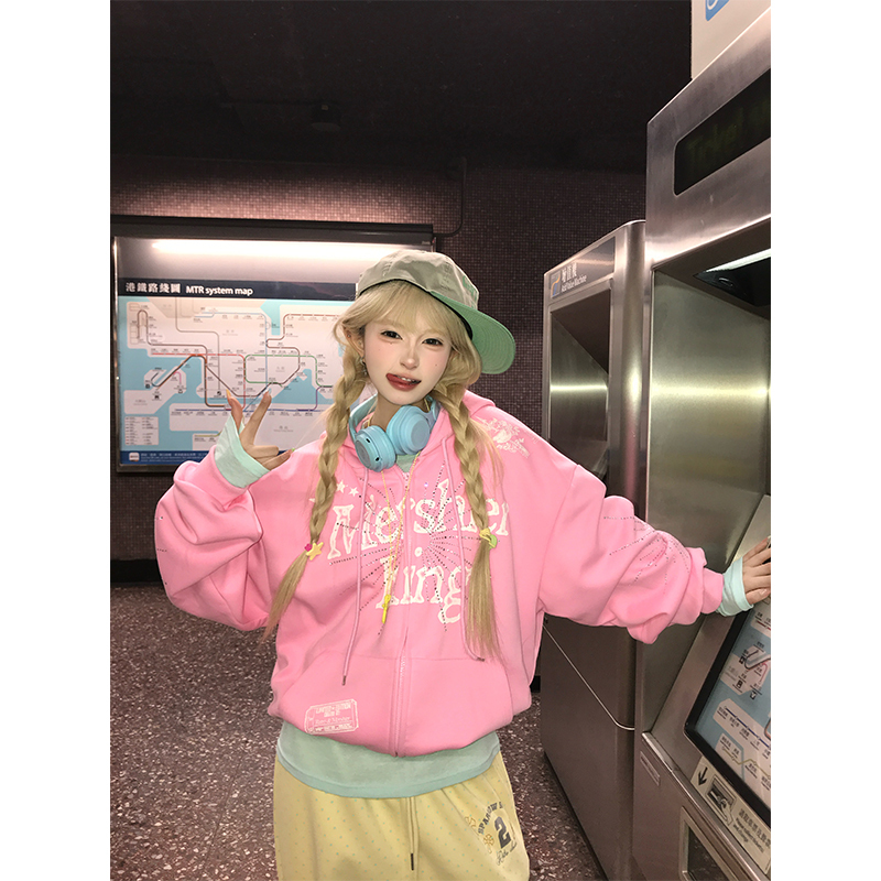 Jmj American Retro Letter Print Rhinestone Hooded Cardigan Sweatshirt for Men and Women, Loose and Versatile Hoodie Jacket for Spring and Autumn