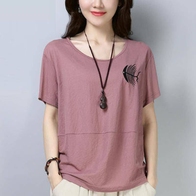 粉色短袖t恤女2021年新款夏季韩版宽松体恤短款大码胖mm纯色上衣