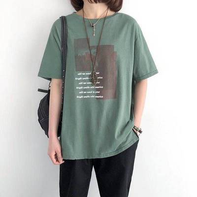 纯棉短袖t恤女2021年新款夏季韩版宽松体恤休闲开叉百搭上衣t桖潮