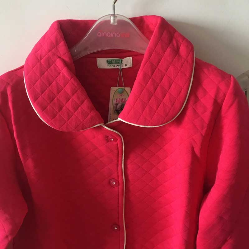 Sari Wei Li vải cotton dệt kim lớp rắn màu hồng đỏ mùa thu và đồ ngủ mùa đông phù hợp với nhà áo choàng ngủ