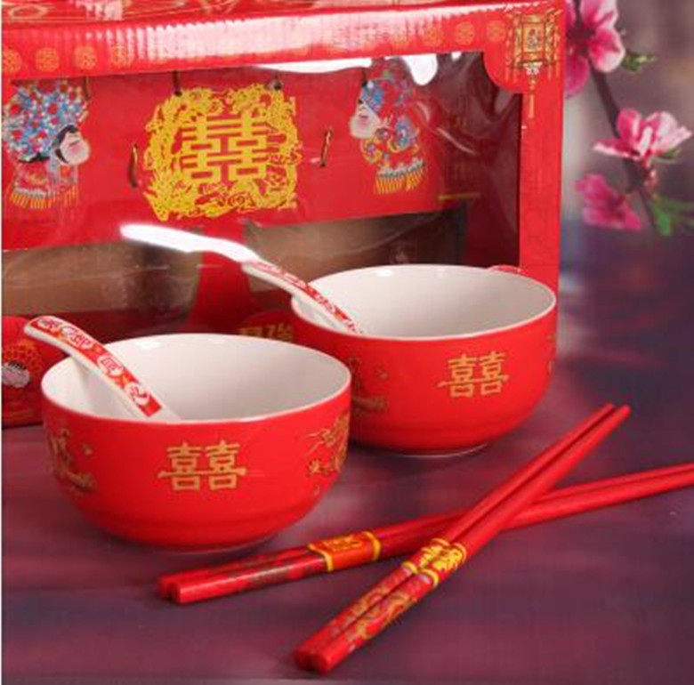 Wedding gifts bowl chopsticks suit stainless steel on bowl festive dowry bride with dragon fengfeng red bowl chopsticks wedding celebration