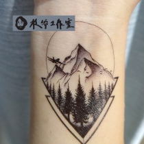 Zhi Ye through the mountain tattoo stickers black and white tattoos men and women handsome waterproof and lasting Mountain Deep Forest aircraft geometry