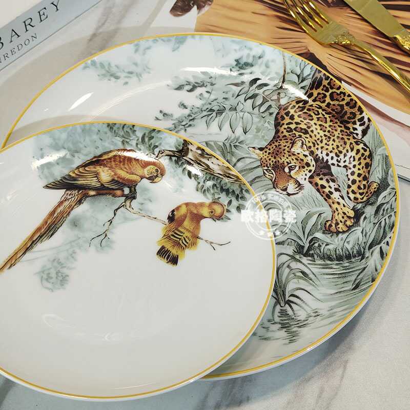 Light Luxury Bone China Jungle-Themed Western Dinner Plate, Personalized Steak Plate, Afternoon Tea Western Dessert Plate, Tableware Gift Set