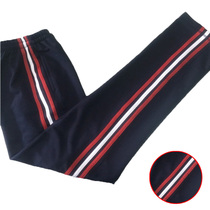 Spring and summer boys and girls sports pants trousers dark navy blue classic red and white red bar cotton casual pants school pants