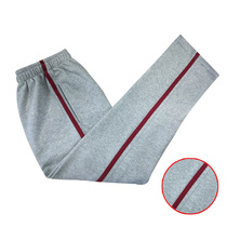 Spring and summer autumn gray cotton elastic high waist sweatpants inlaid with wine red bar bar straight large size male and female growth pants