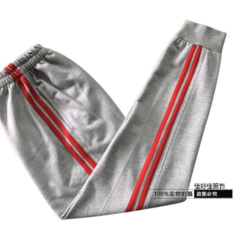 Spring, summer and autumn national tide ins super-fire light gray cotton closing leg long pants classic double red bar casual school pants