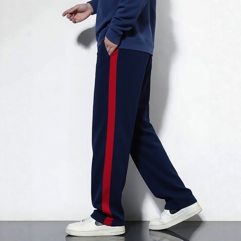 Cotton Navy Blue and Black School Pants with Red Wide Stripes, High-Waisted Sports Pants, Spring, Summer, and Autumn Student Long Pants