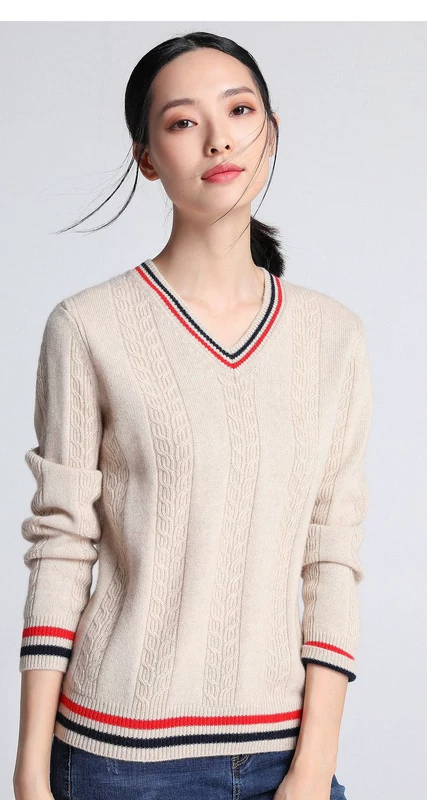 Hengyuanxiang 2019 mùa thu và mùa đông áo len cashmere tinh khiết của phụ nữ đường kẻ tương phản màu tương phản áo len cổ chữ V áo len dệt kim - Áo / áo thun