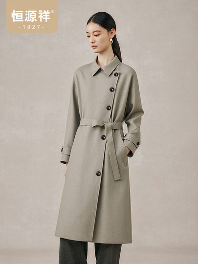 [Pure Wool] Hengyuanxiang Elegant Wool Coat for Women, Autumn Turn-Down Collar, Diagonal Button Belt, Long Trench Coat