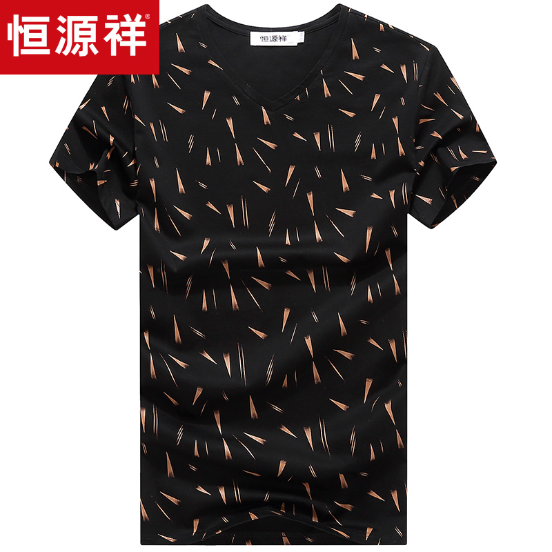 恒源祥日常休闲V领polp衫2017新款短袖T恤男中年夏装衣服男爸爸装