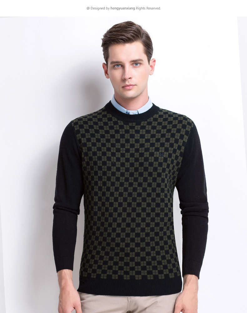 ZK Hengyuanxiang áo len nam cổ tròn len tinh khiết áo len mới lưới jacquard nam mùa xuân và áo len mùa thu - Hàng dệt kim thời trang nam mùa đông