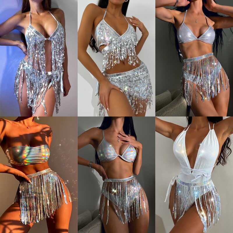 New Style Two-Piece Swimsuit for Women, Glitter Fabric, Laser Sexy Sequin Tassel Bikini, Performance Costume Set New Style Two-Piece Swimsuit for Women, Glitter Fabric, Laser Sexy Sequin Tassel Bikini, Performance Costume Set