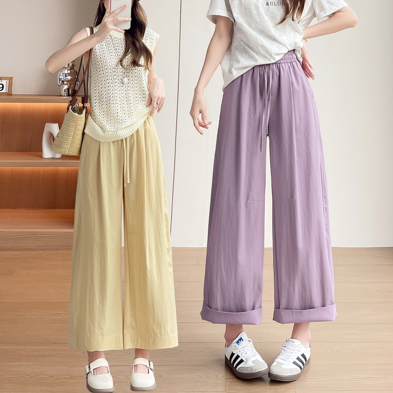Lyocell Tencel Straight-Leg Wide-Leg Pants for Petite Women, Cropped Pants, Summer Thin High-Waisted Drapey Nine-Point Casual Pants