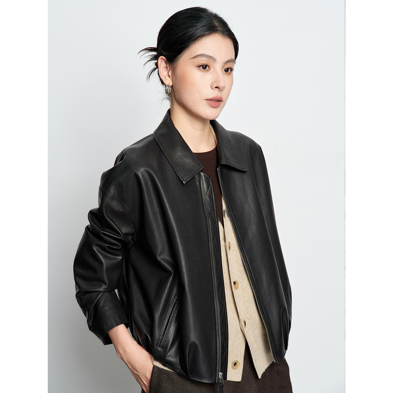 2026 Spring New Sheepskin Three-Dimensional Cut Hem Pleated Balloon Silhouette Leather Jacket for Women