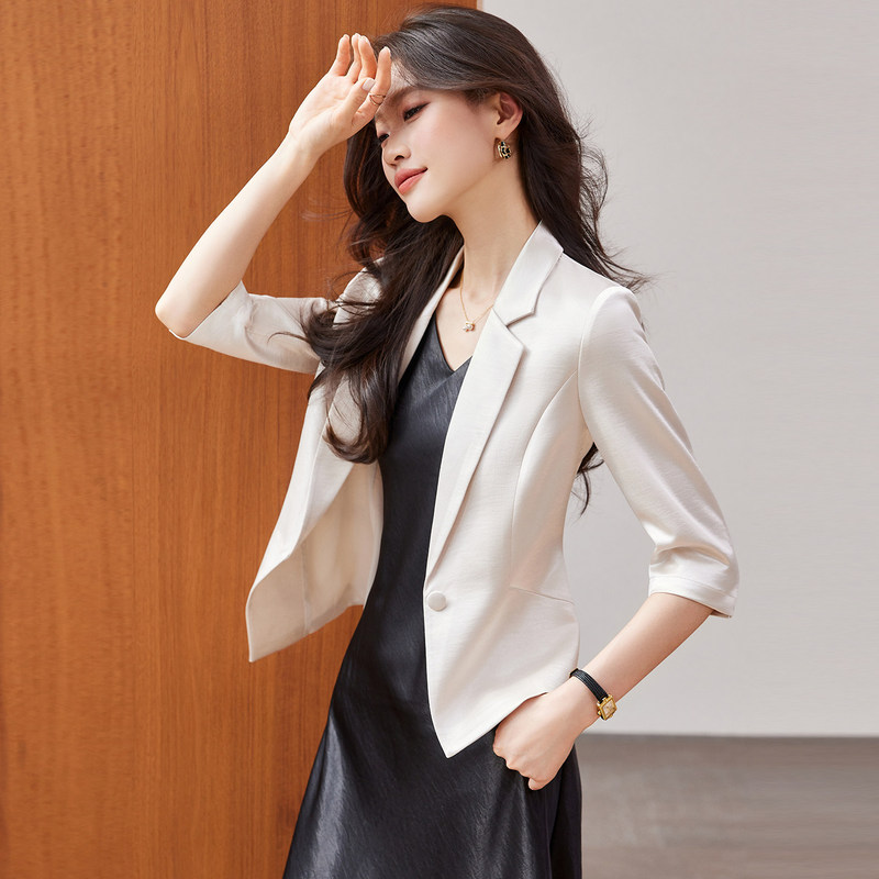 High-End Acetate Satin Short Blazer for Women, Petite Size, Summer Thin Style, Three-Quarter Sleeve Suit Top Set