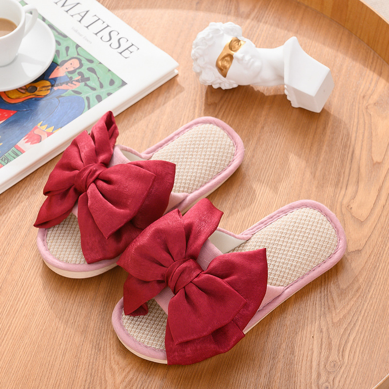 Palace Style Japanese Linen Slippers for Home Women Summer Indoor Fairy Cute Sweet Elegant Gentle Bow ins