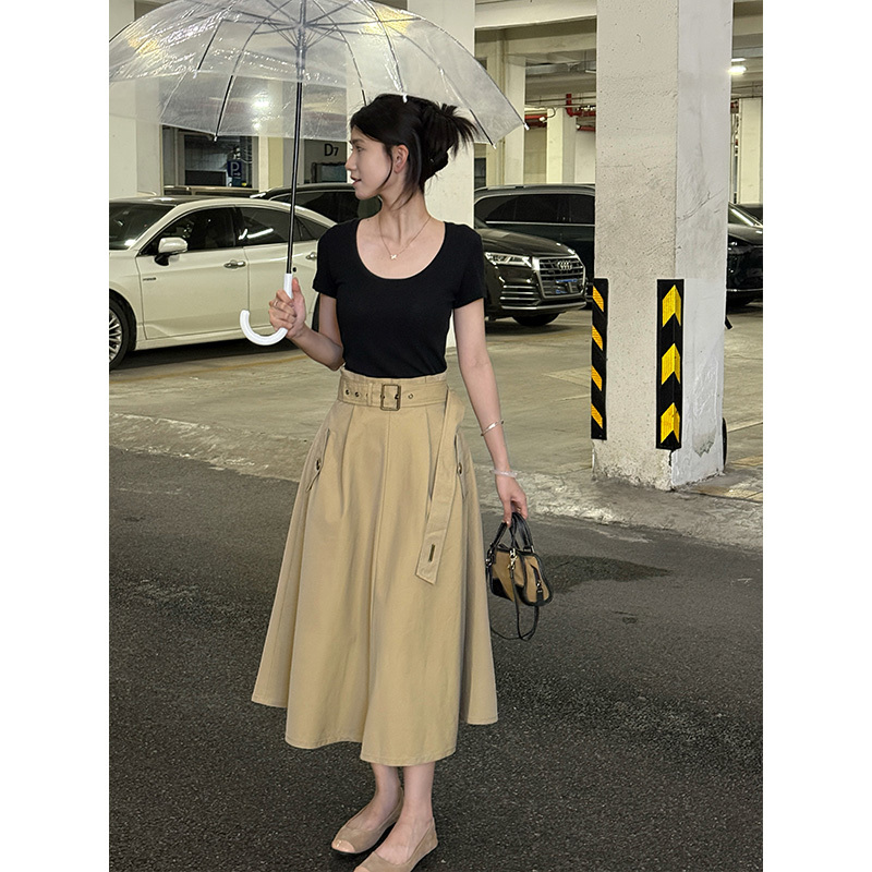 French Vintage Khaki Skirt for Women, New Summer Brown Mid-Length Skirt, Small Floral High-Waisted Coffee-Colored Short Skirt