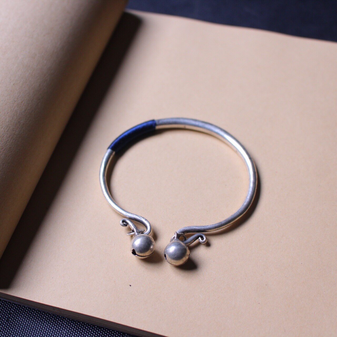 Handmade tangled red rope ornament with opening bell-bell bracelet with female Miao silver ornament