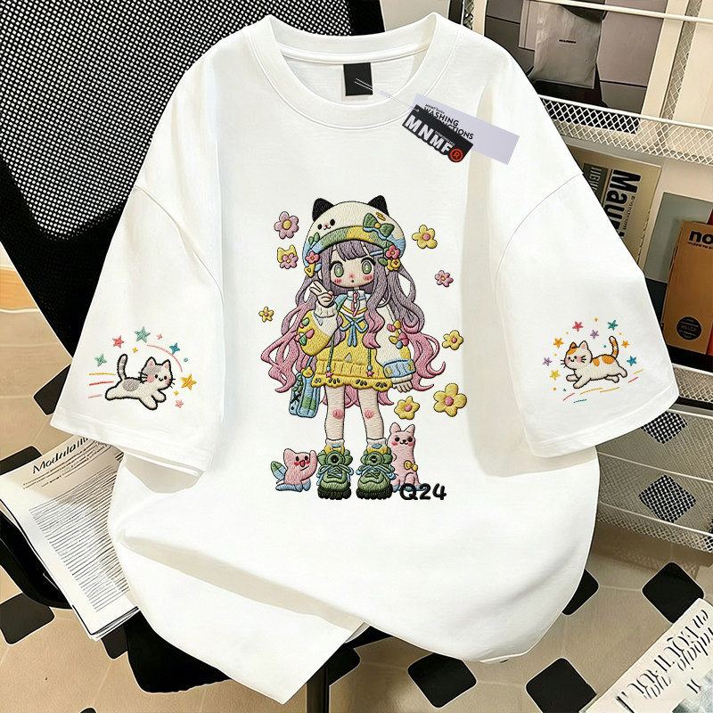 女童纯棉短袖T恤夏季2026新款中鲨鱼小猫大童洋气百搭半袖上衣服 — 42