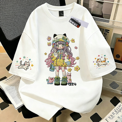 Girls' Pure Cotton Short-Sleeve T-Shirt, Summer 2026 New Style, Featuring Shark and Kitten Designs, Trendy and Versatile Half-Sleeve Top for Older Children — 4