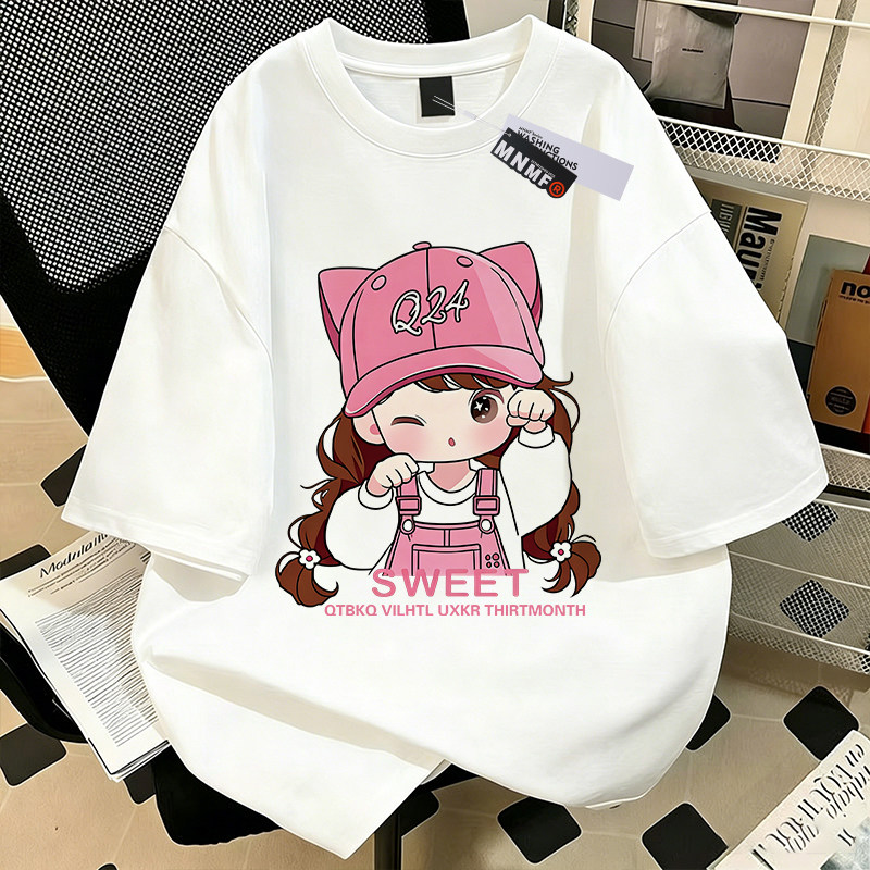 女童纯棉短袖T恤夏季2026新款中鲨鱼小猫大童洋气百搭半袖上衣服 — 36
