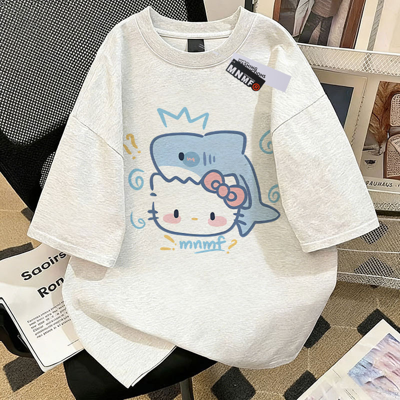 女童纯棉短袖T恤夏季2026新款中鲨鱼小猫大童洋气百搭半袖上衣服 — 19