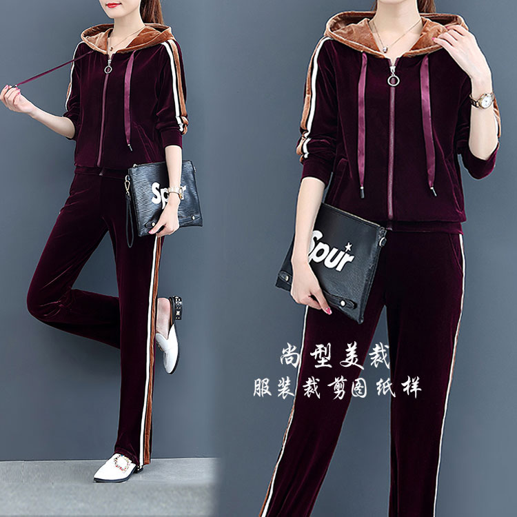Spring and autumn new gold velvet long-sleeved tops beat version coats long pants two-piece women's clothing cutting drawing template