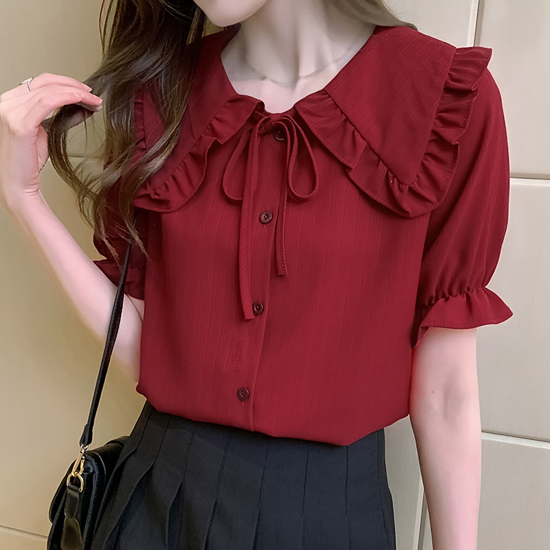 Baby Doll Collar Tie-Up Short-Sleeved Chiffon Shirt, New European Style 2024 Summer Age-Reducing Design Niche Shirt for Women
