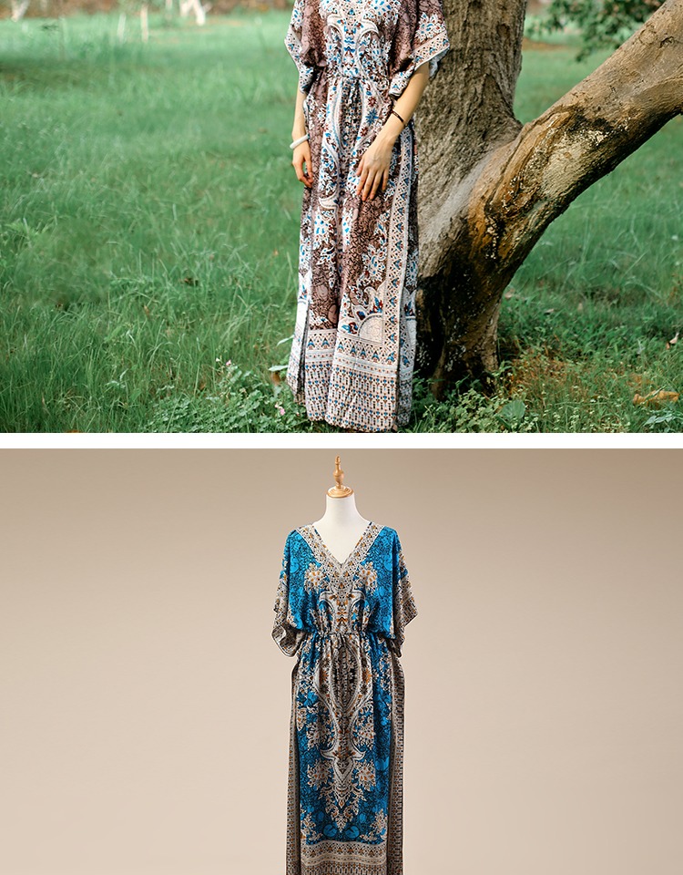 Áo dài dân tộc in hoa cotton và vải lanh nghệ thuật váy dài V-cổ boho retro kỳ nghỉ Thái Lan đầm 2 dây suông dài