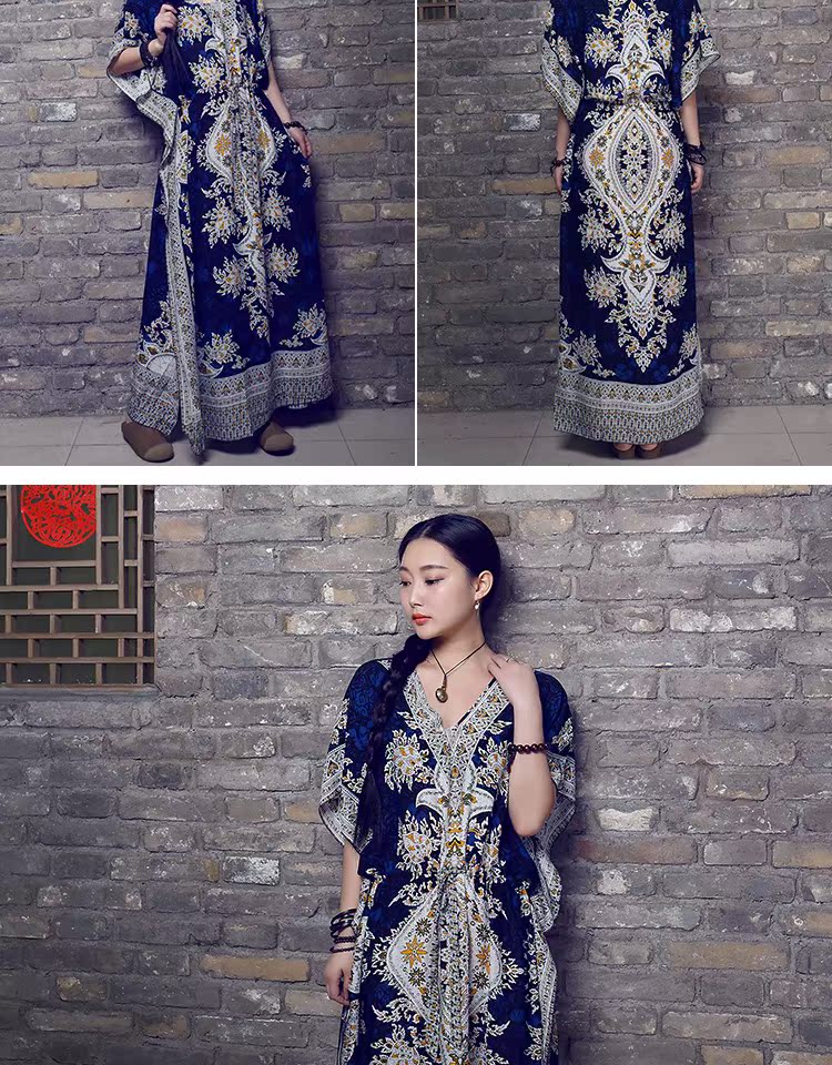 Áo dài dân tộc in hoa cotton và vải lanh nghệ thuật váy dài V-cổ boho retro kỳ nghỉ Thái Lan đầm 2 dây suông dài