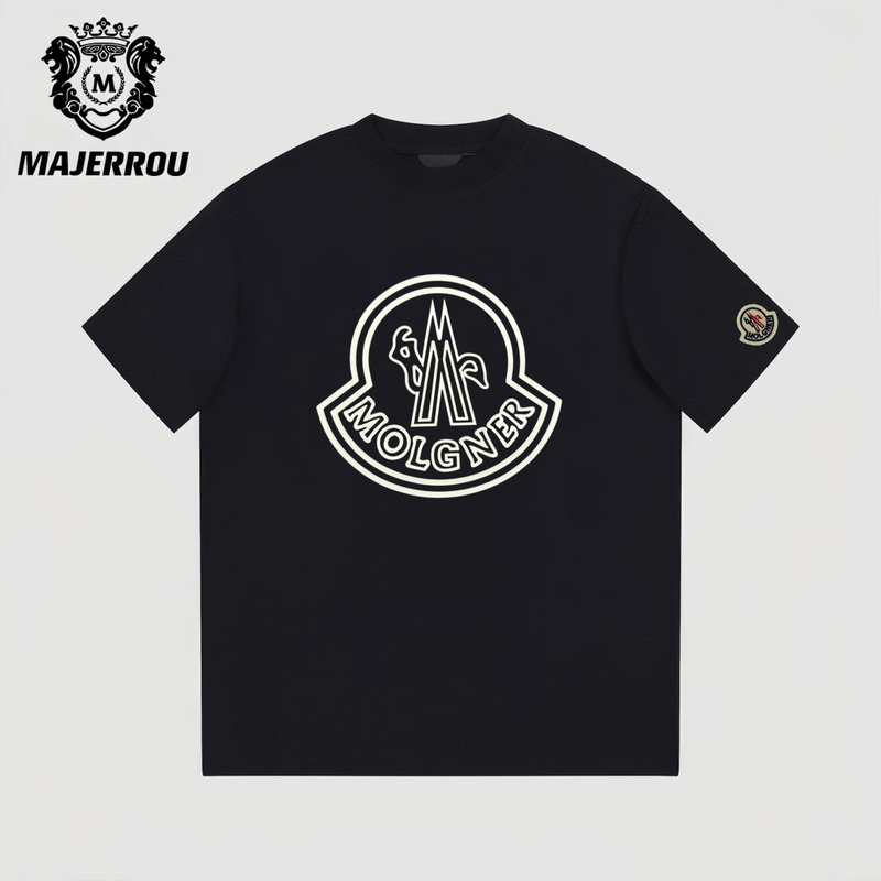 Majerrou/Makiou Black and White Large Round-Neck Short-Sleeved Men's Summer High-End Light Luxury Fashion Heavyweight Round-Neck T-Shirt
