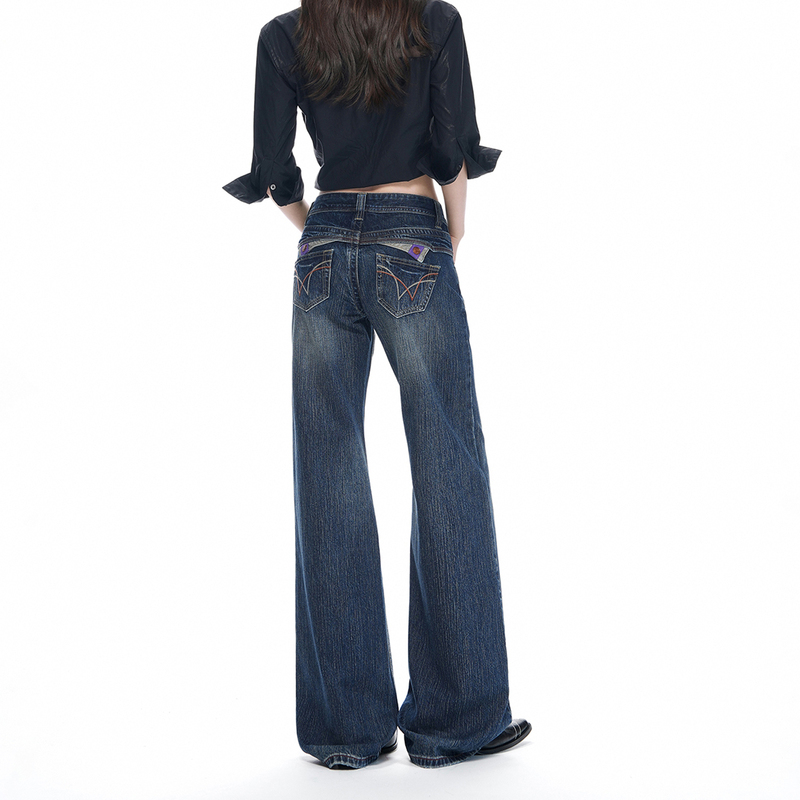 Ylw Blue Low-Waist Narrow Straight-Leg Jeans for Women 2026 New American Style Purple Color Thread Design Long Pants