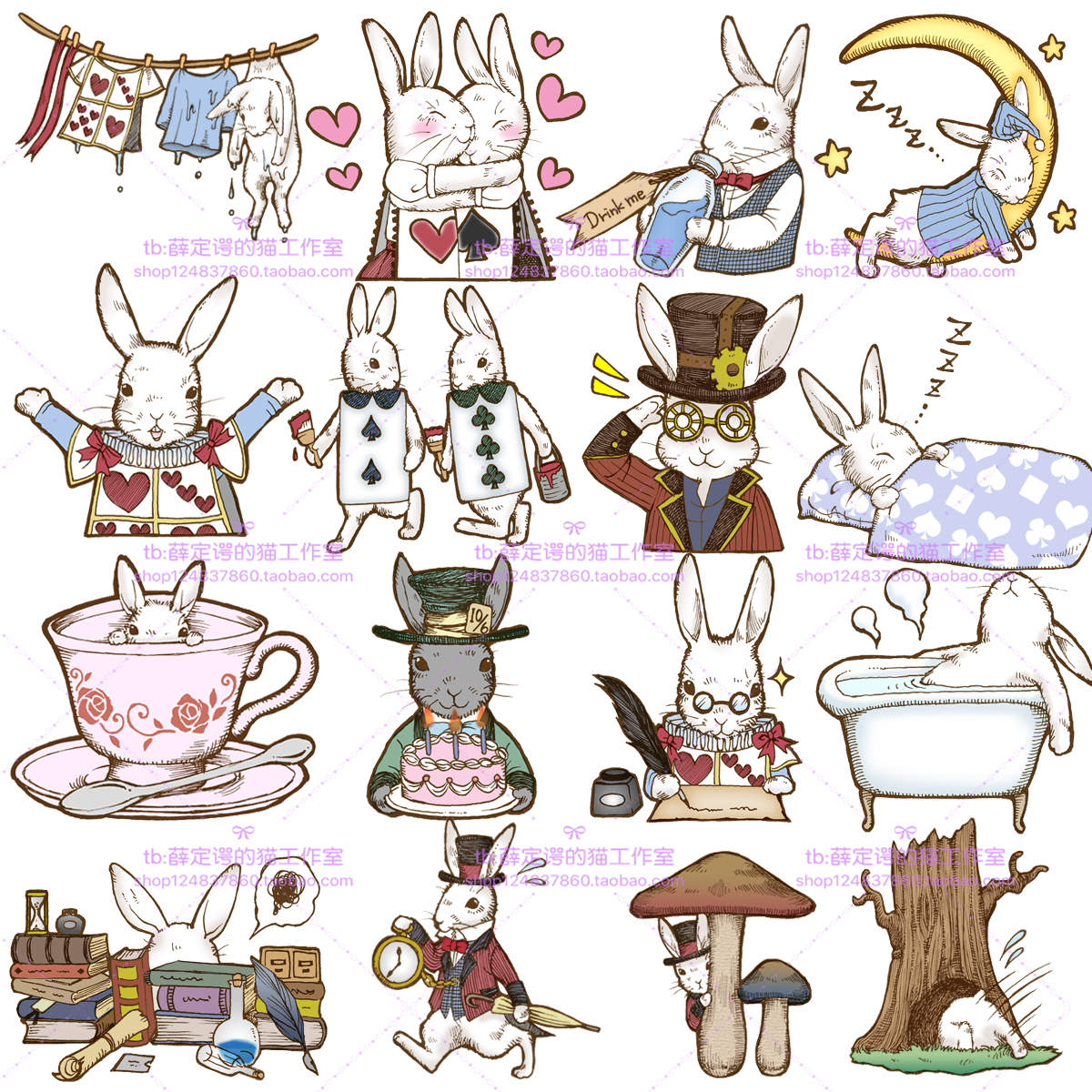 N72 hand painted 120 sheets of fairy tales Alice Rabbit Animals cute and free of PNG stick-up material Handbooks ps