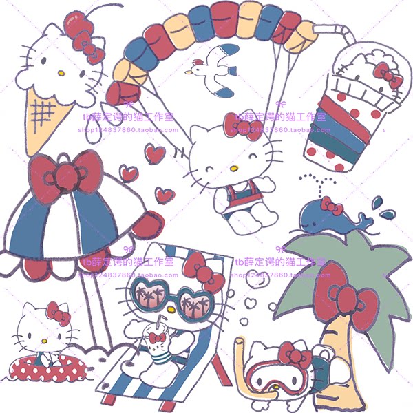 103 Kitty summer beach cute cartoon free of buckle PNG design stickup wallpaper material