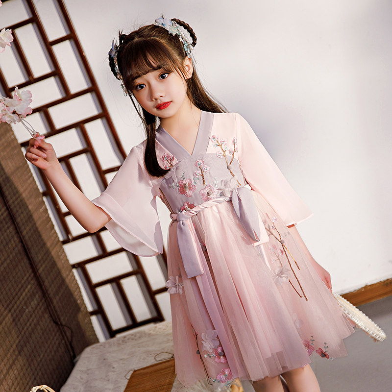 Girls Hanfu summer Chinese style summer light little girl short summer Children's costume super fairy short sleeve pink