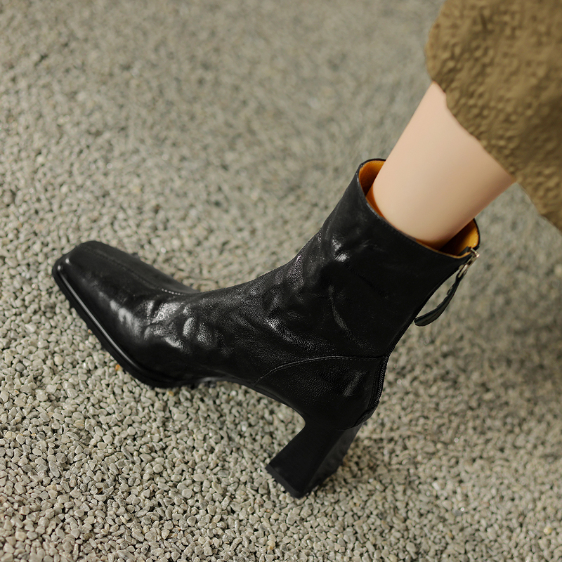 Soft Sheepskin Black High-Heeled Short Boots for Women 2025 Autumn and Winter New Popular Square Toe Chunky Heel Slim Boots Brown High Heels