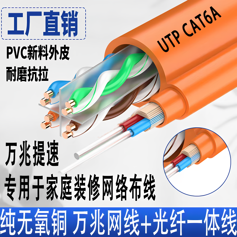 Category 6A Ethernet Cable + Fiber Optic Composite Cable, Fluke-Certified Cat6A, Whole Box for Home Installation, Dedicated for Home Use Fttr